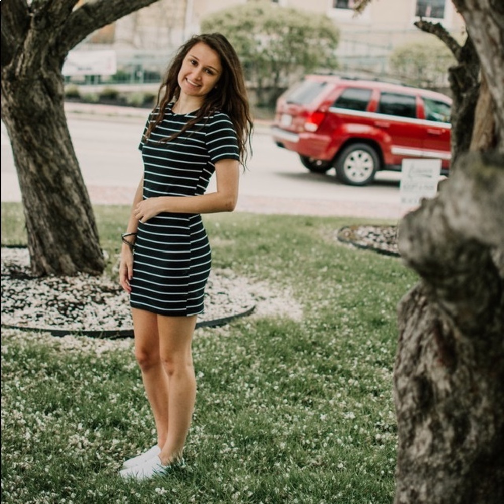 navy blue mini dress with white stripes